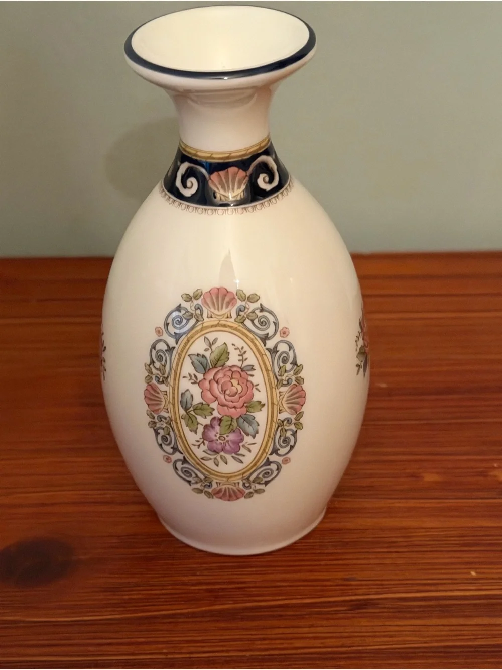 Wedgwood White Porcelain Vase with Pink Floral Medallions and Navy Trim